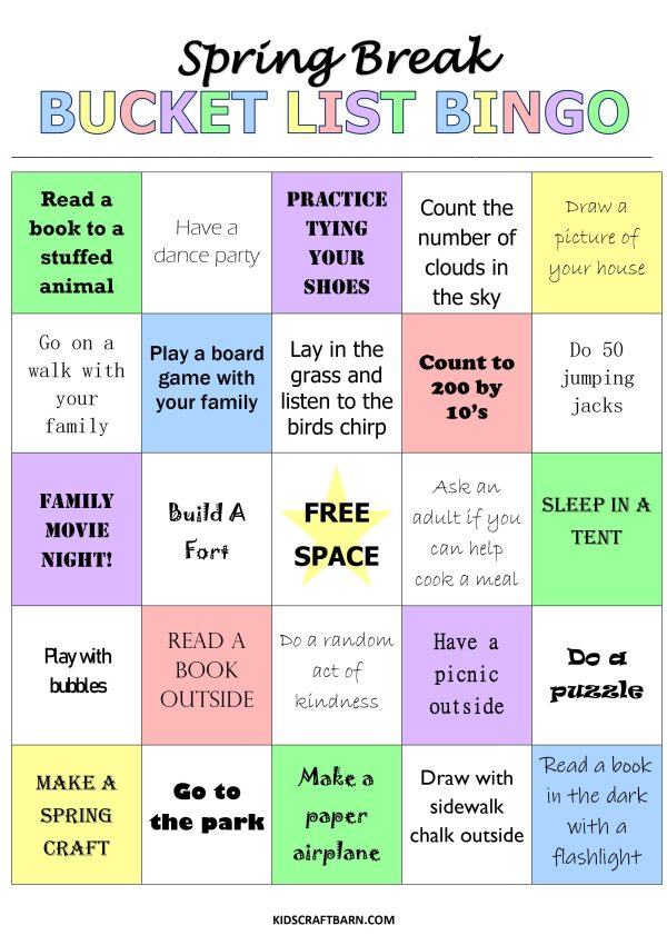 spring break bucket list bingo free printable